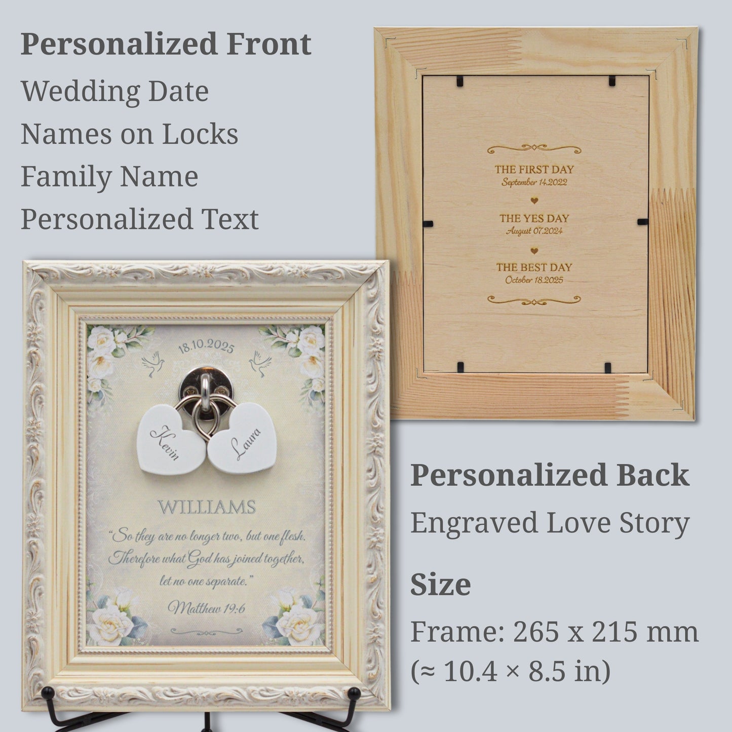 Unity Wedding Lock Ceremony Set – Vintage Personalized Keepsake Frame (White Roses)