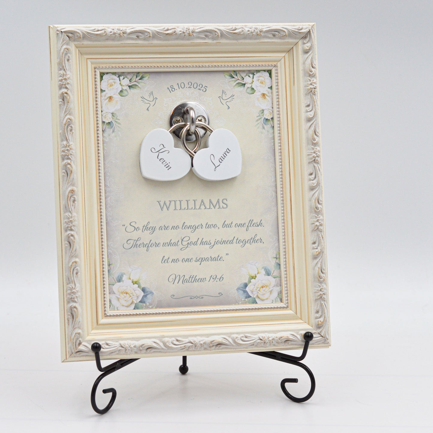 Unity Wedding Lock Ceremony Set – Vintage Personalized Keepsake Frame (White Roses)
