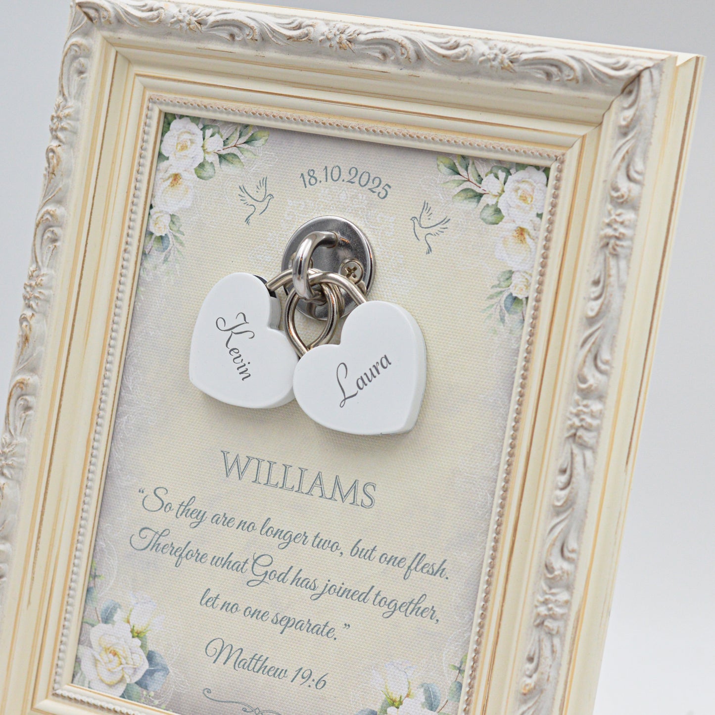 Unity Wedding Lock Ceremony Set – Vintage Personalized Keepsake Frame (White Roses)