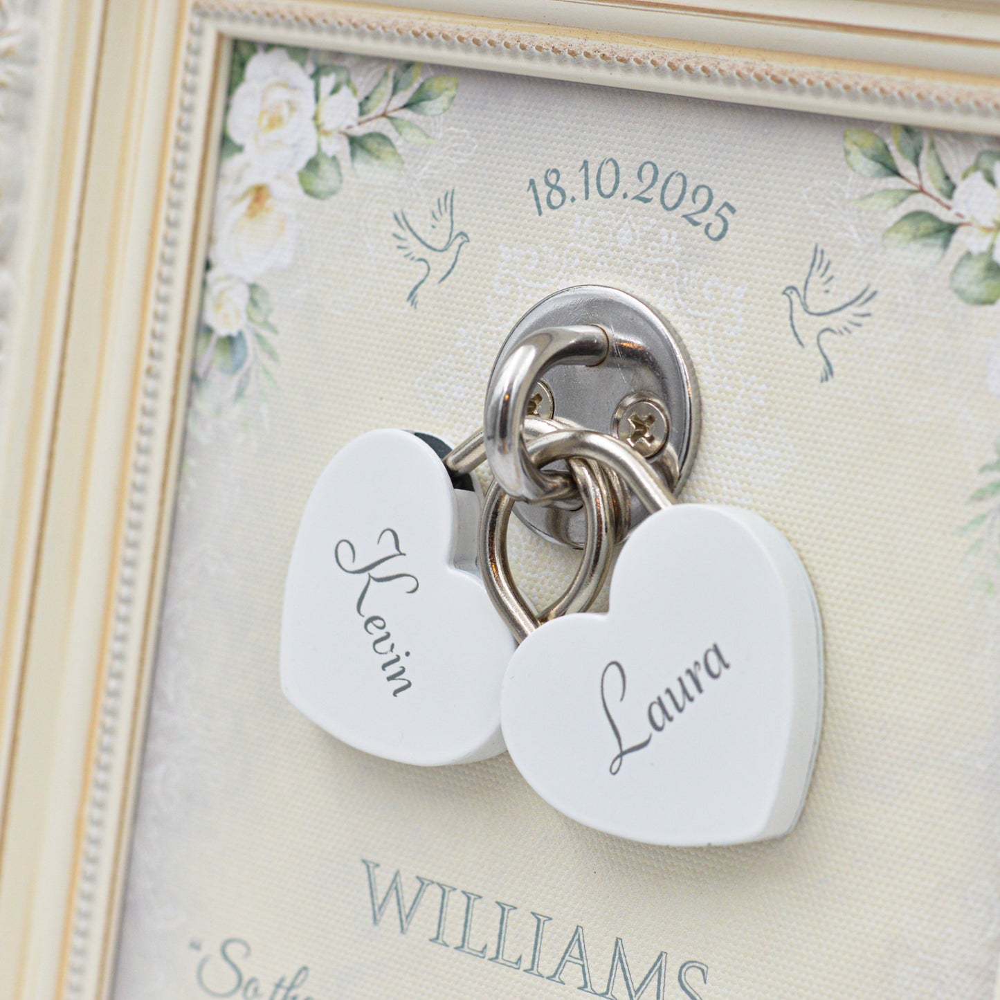 Unity Wedding Lock Ceremony Set – Vintage Personalized Keepsake Frame (White Roses)