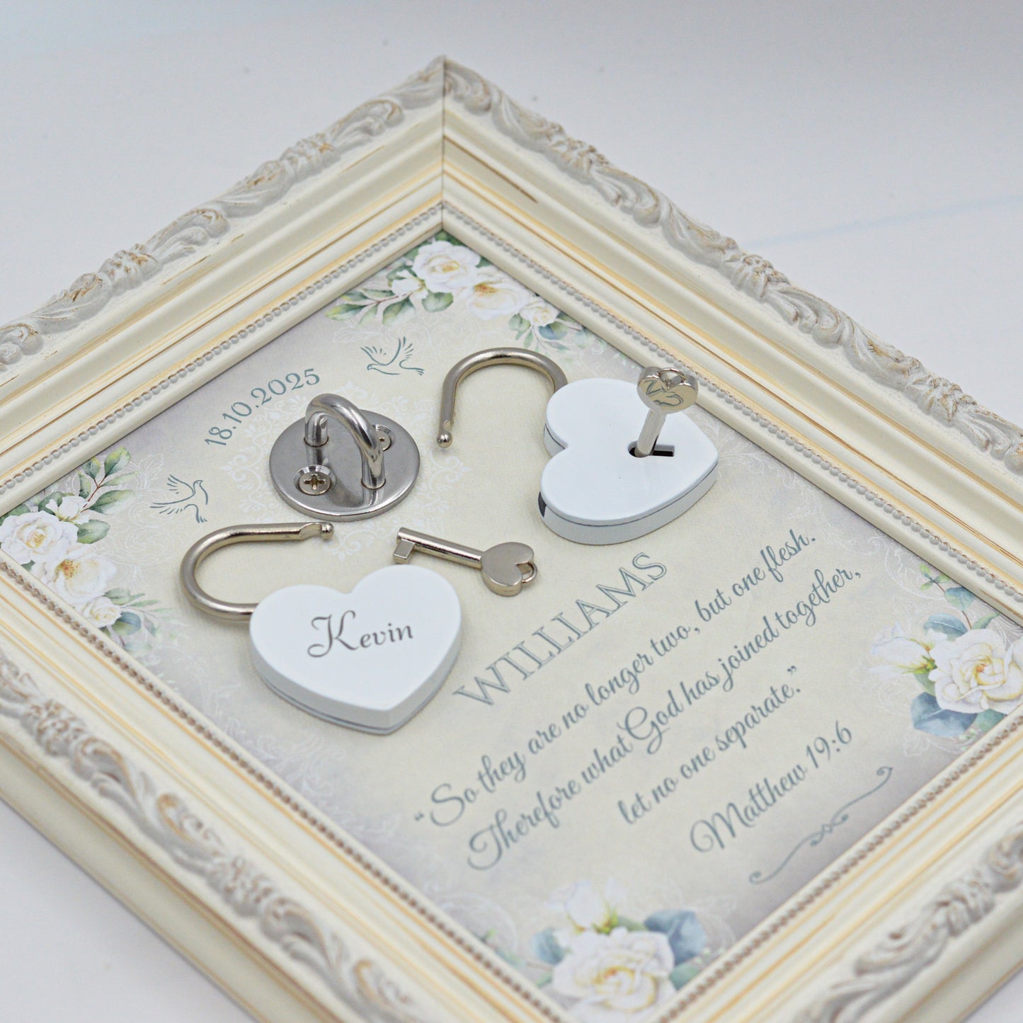 Unity Wedding Lock Ceremony Set – Vintage Personalized Keepsake Frame (White Roses)