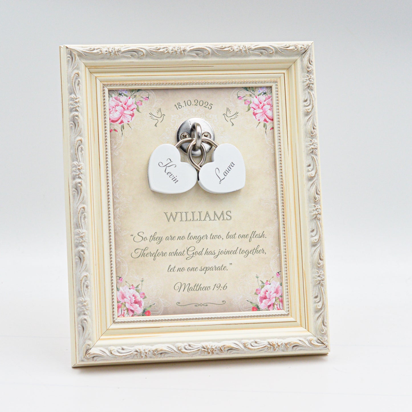 Unity Wedding Lock Ceremony Set – Vintage Personalized Keepsake Frame (Pink Roses)