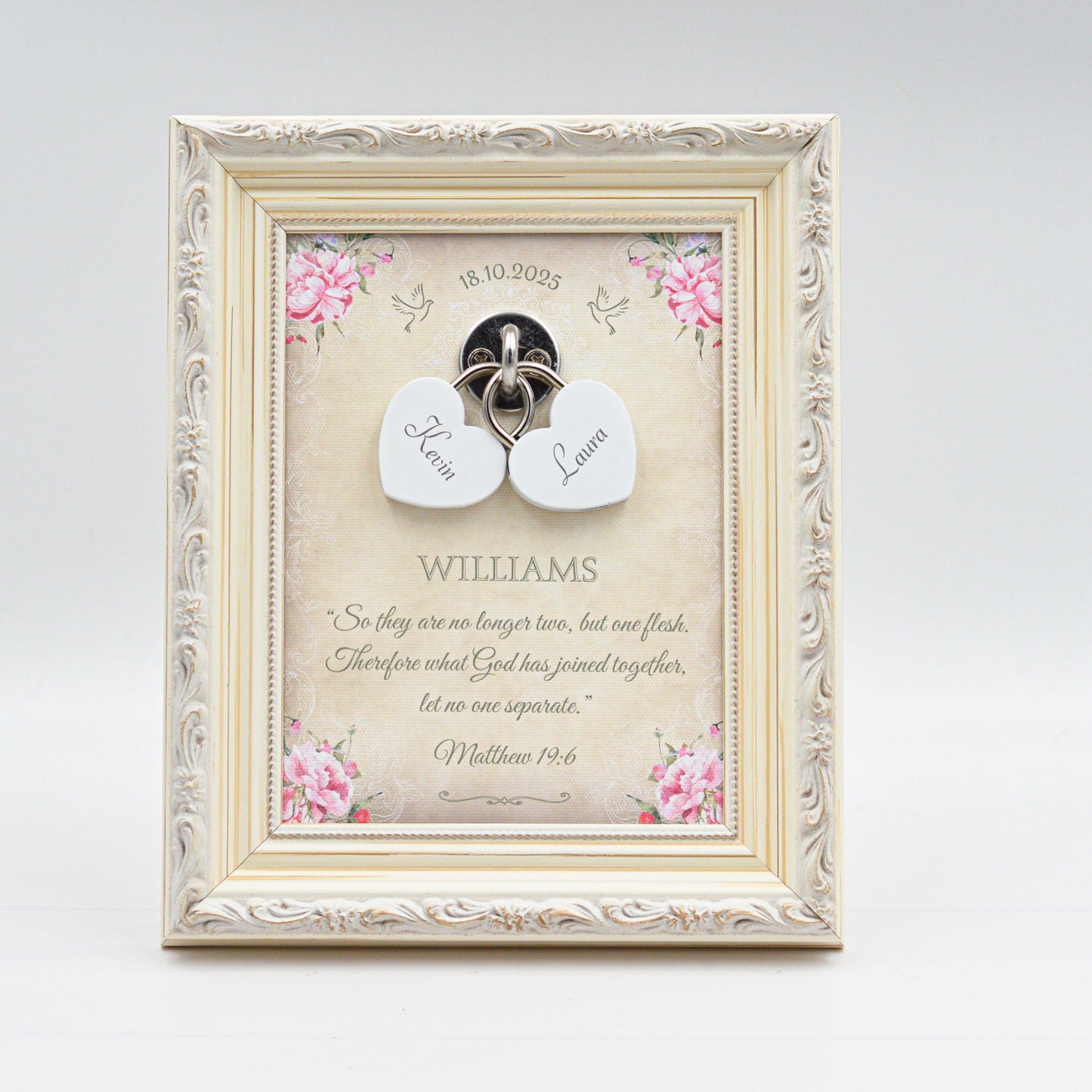 Unity Wedding Lock Ceremony Set – Vintage Personalized Keepsake Frame (Pink Roses)