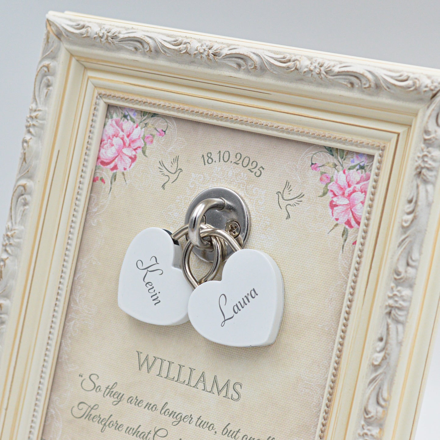 Unity Wedding Lock Ceremony Set – Vintage Personalized Keepsake Frame (Pink Roses)