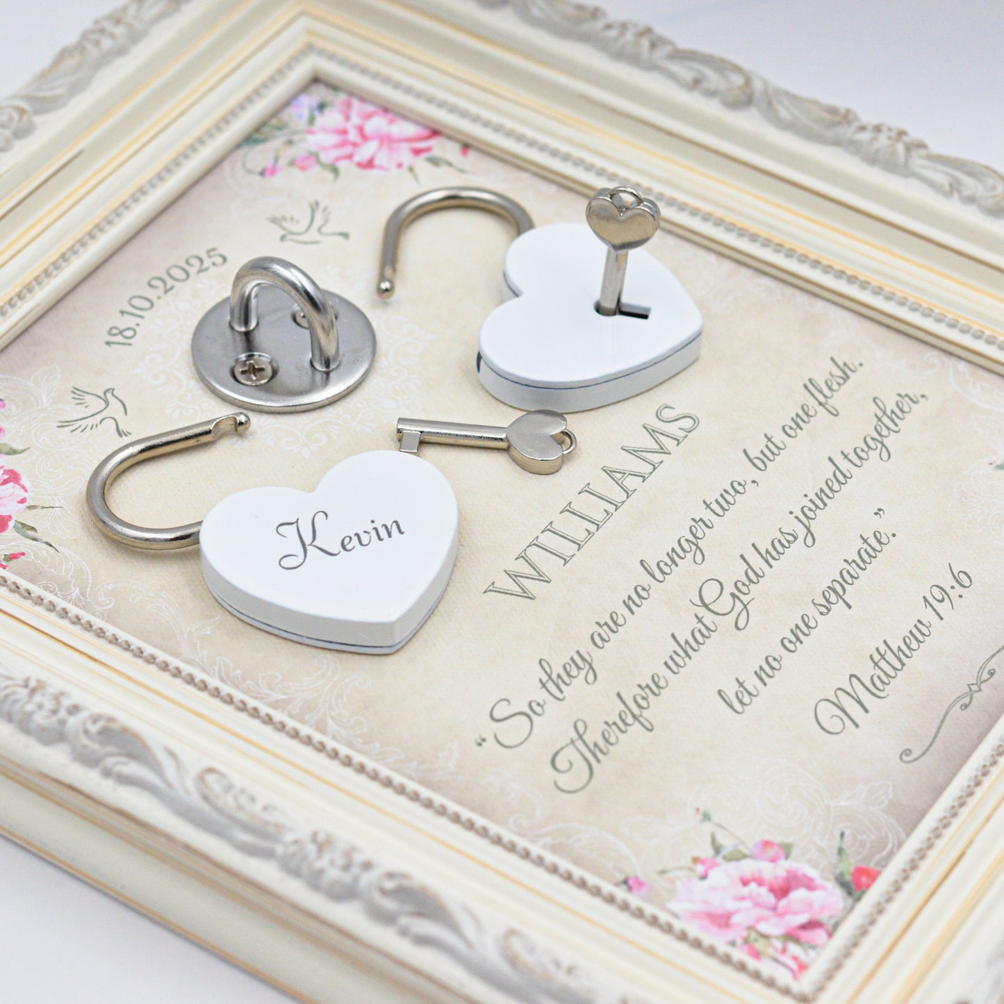 Unity Wedding Lock Ceremony Set – Vintage Personalized Keepsake Frame (Pink Roses)
