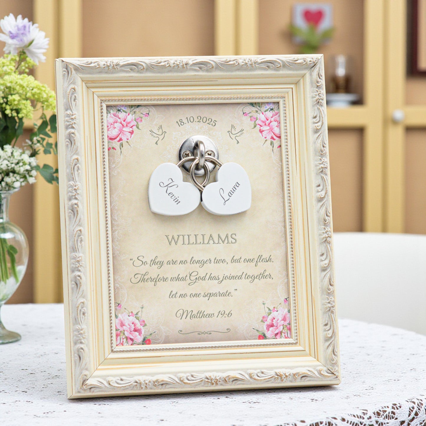 Unity Wedding Lock Ceremony Set – Vintage Personalized Keepsake Frame (Pink Roses)