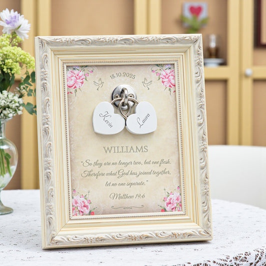 Unity Wedding Lock Ceremony Set – Vintage Personalized Keepsake Frame (Pink Roses)