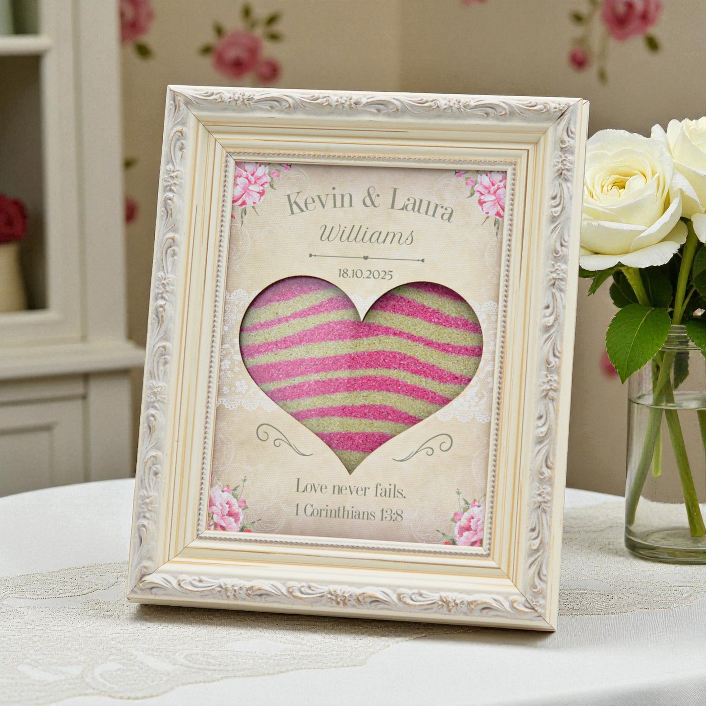 Wedding Sand Ceremony Set with Vintage White Frame (Pink Roses)