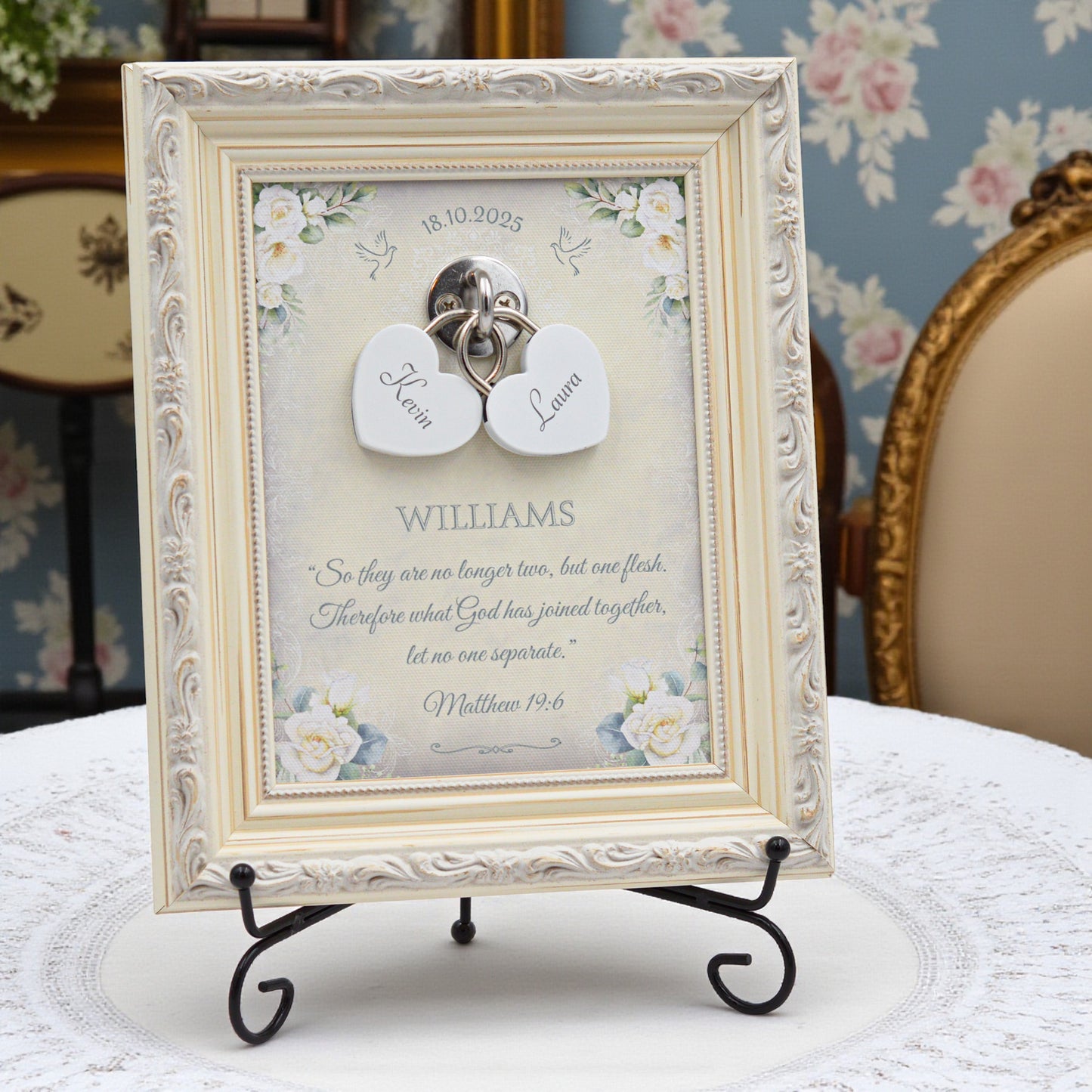 Unity Wedding Lock Ceremony Set – Vintage Personalized Keepsake Frame (White Roses)