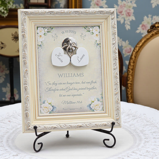 Unity Wedding Lock Ceremony Set – Vintage Personalized Keepsake Frame (White Roses)